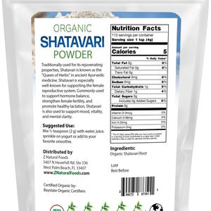 Photo of back of 1 lb bag of Shatavari Powder - Organic