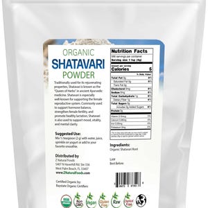 Photo of back of 5 lb bag of Shatavari Powder - Organic