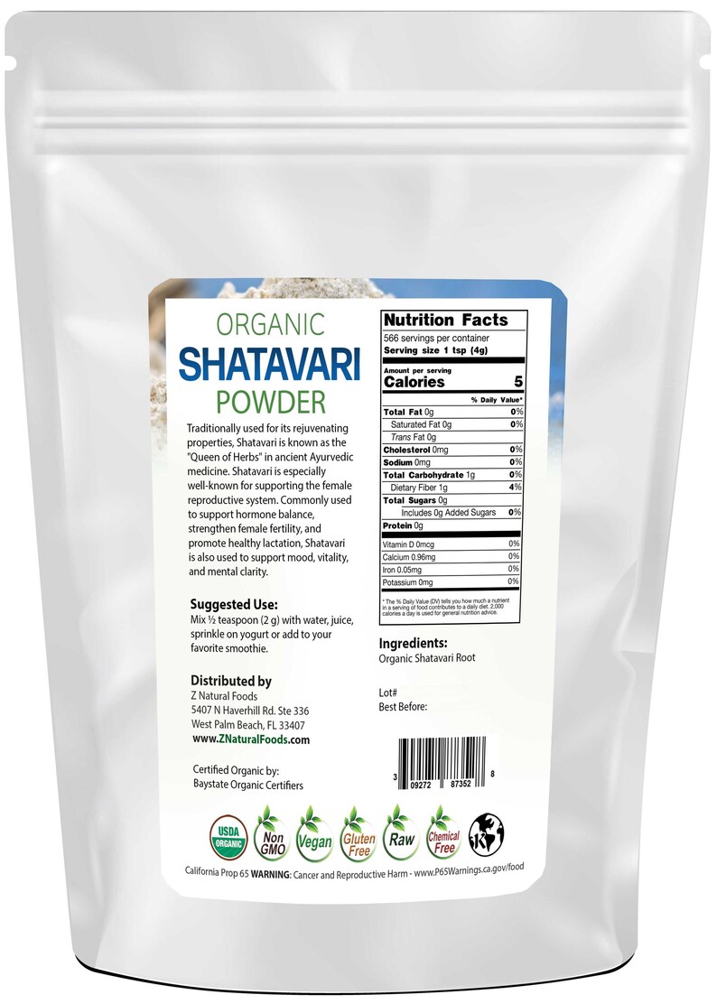 Photo of back of 5 lb bag of Shatavari Powder - Organic