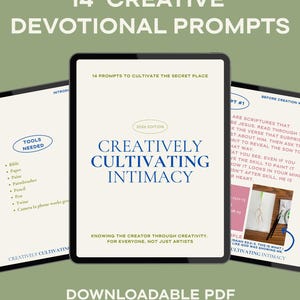 May include: Digital download titled "Creatively Cultivating Intimacy" with the text "14 Creative Devotional Prompts." The image shows a tablet with the title and a list of tools needed, including paint and a pencil. The product is a downloadable PDF.