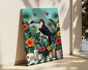 Tropical Toucan Canvas Wall Art, Colorful Jungle Bird Print, Exotic Botanical Bathroom Decor, Modern Tropical Home Decor