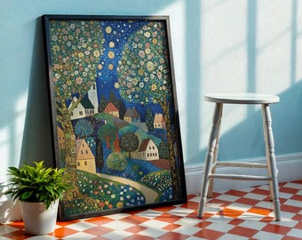 Village Art Decor - Night Print - Moon & Stars Fine - Art Decor