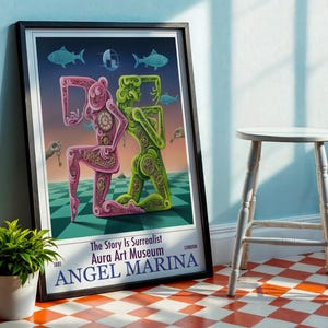 May include: Framed art print featuring a surrealist illustration of two figures with clockwork details, one pink and one green, against a night sky with fish. The print is titled "Angel Marina" and is displayed near a white stool and potted plant.