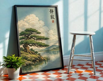 Japanese Poster, Vintage Nature Wall Art Print, Tranquil Landscape Picture, Decoration for Living Room, Asian Style Decoration, Tree Poster