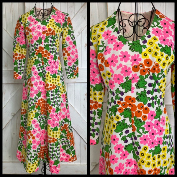 60's Vintage Handmade Novelty Print Rainbow Floral Pink Red Green White Frog Mod Midi Dress