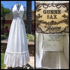 70's Vintage Gunne Sax White Crochet Open Knit Lace Waist Hippie Wedding Halter Maxi Sundress Dress 9