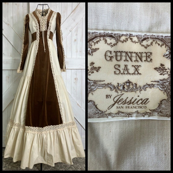 70's Vintage Gunne Sax Brown Velvet Ivory Prairie Peasant Corset Maxi Dress