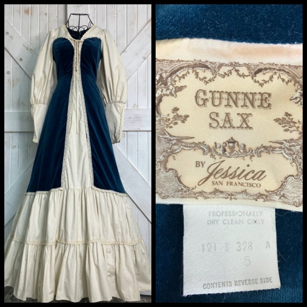 70's Vintage Gunne Sax Ivory Natrual Blue Velvet Corset Renaissance Prairie Maxi Dress 5