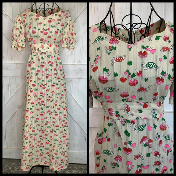 60's Vintage Handmade Cream Beige Red Pink Green White Turtle Labybug Mushroom Mod Novelty Maxi Dress