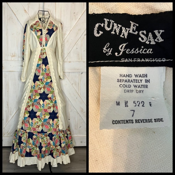70's Vintage Gunne Sax Black Label Rainbow Patchwork Corset Prairie Hippie Goddess Maxi Dress 7