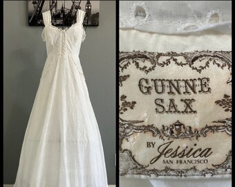 70's Vintage Gunne Sax White Eyelet Beach Hippie Wedding Western Prairie Bride Corset Sundress Maxi Dress