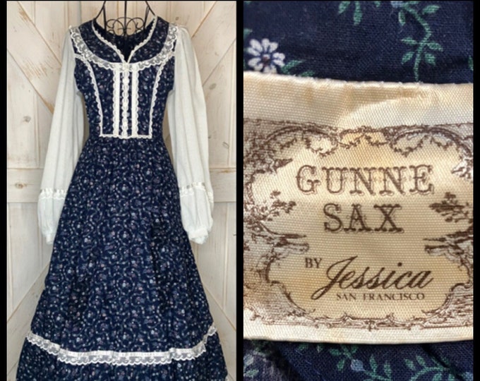 70's Vintage Gunne Sax Indigo Deep Blue White Calico Prairie Peasant ...