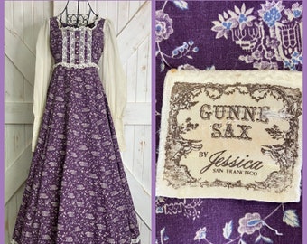 70's Vintage Gunne Sax Lamplighter Child Novelty Print Blue Velvet Sweetheart Corset Prairie Maxi Dress