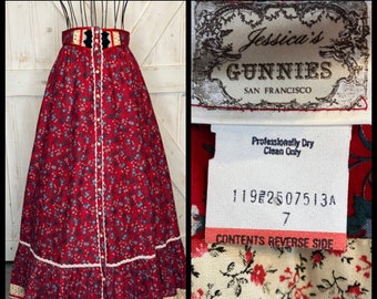 70's Vintage Gunne Sax Jessica's Gunnies Red Blue White Calico Black Velvet Prairie Maxi Skirt 7