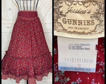 70's Vintage Gunne Sax Jessica's Gunnies Red Calico White Polka Dot Prairie Midi Skirt 9