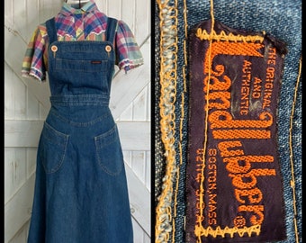 70's Vintage Landlubber Denim Blue Jean Pinafore Big Pocket Midi Dress