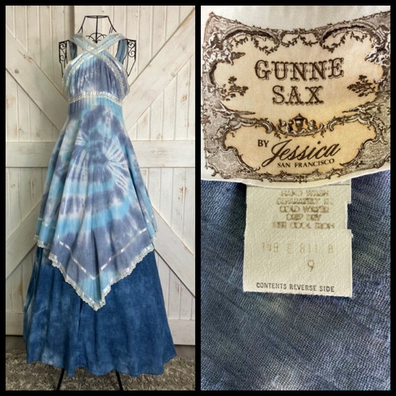 70's Vintage Gunne Sax Blue Tie Tye Dye Handkerch… - image 1