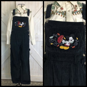 90's Vintage Mickey Unlimited Disney Black Corduroy Overalls Jumpsuit Dungarees Mickey Minnie Mouse S