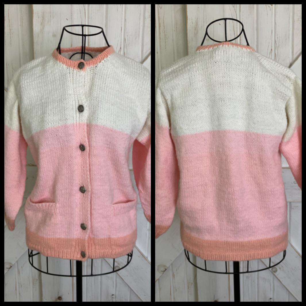 トップス 60's Hand made knit cardigan 60's Vintage Hand Knit Pink White Peach Cardigan Sweater - Etsy
