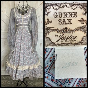 Jaren 70 vintage Gunne Sax blauw wit rood oranje Calico geruit prairie korset midi-jurk