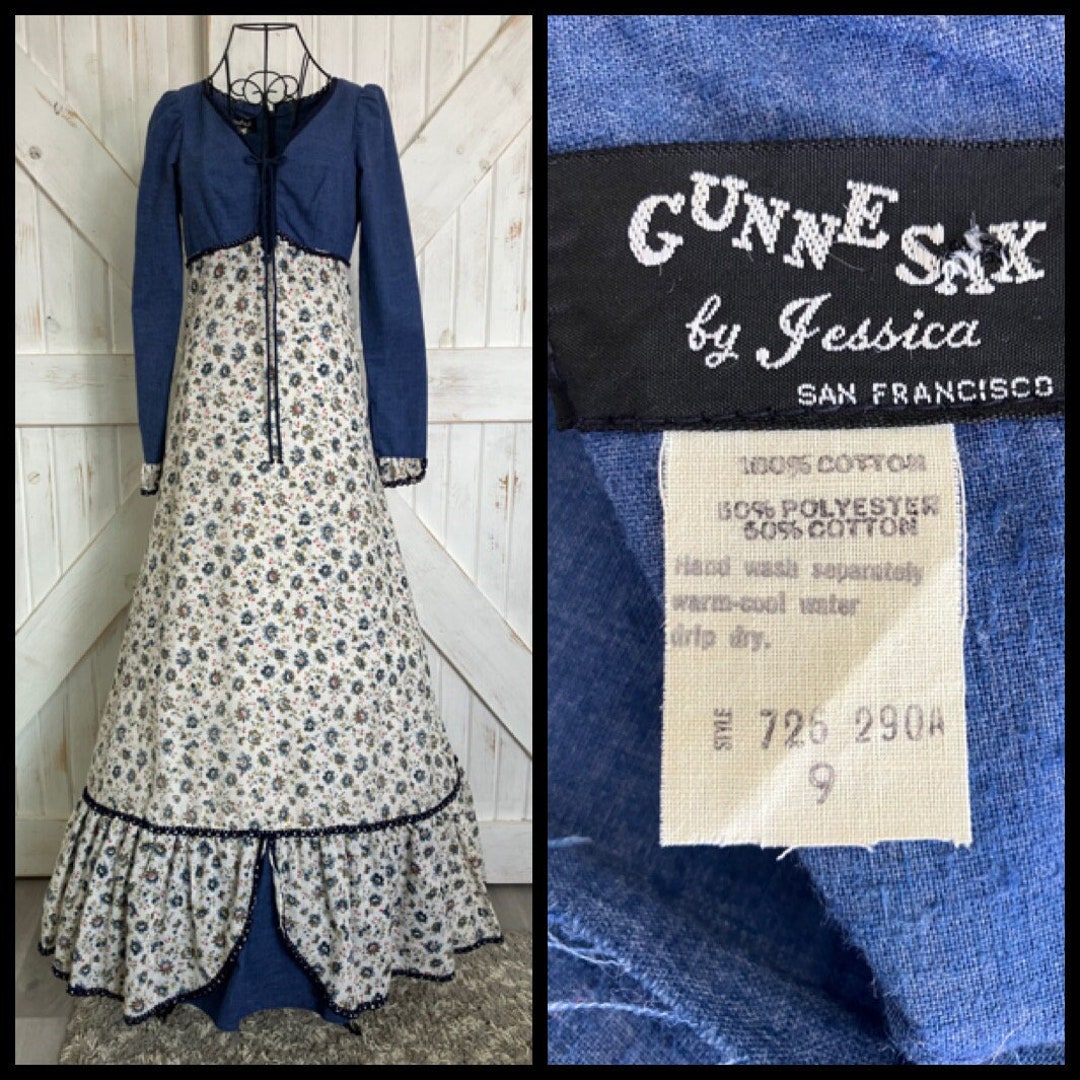 70’s Vintage Gunne Sax Black Label Blue Chambray White Butterfly Calico ...