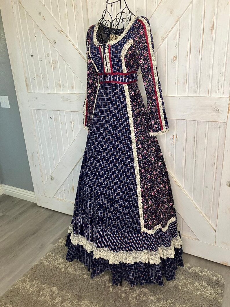 70's Vintage Gunne Sax Blue Red Pink White Calico Prairie Maxi Dress 7 ...