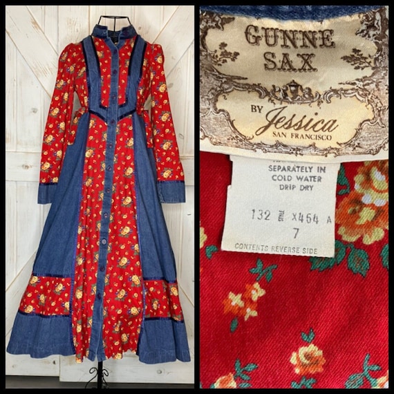 RARE 70's Vintage Gunne Sax Denim Blue Jean Red Y… - image 1