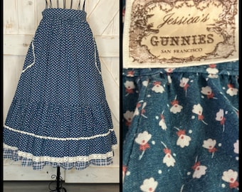 70's Vintage Gunne Sax Jessica's Gunnies Teal White Calico Plaid Gingham Prairie Midi Skirt