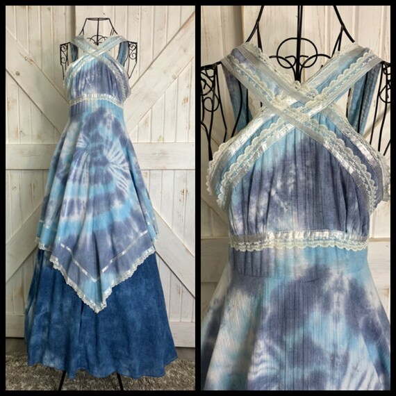 70's Vintage Gunne Sax Blue Tie Tye Dye Handkerch… - image 2