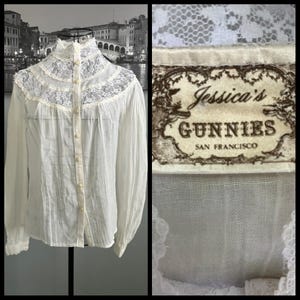 70&#39;s Vintage Gunne Sax Jessica&#39;s Gunnies Ivory Lace Crinkle Cotton Victorian Top Blouse