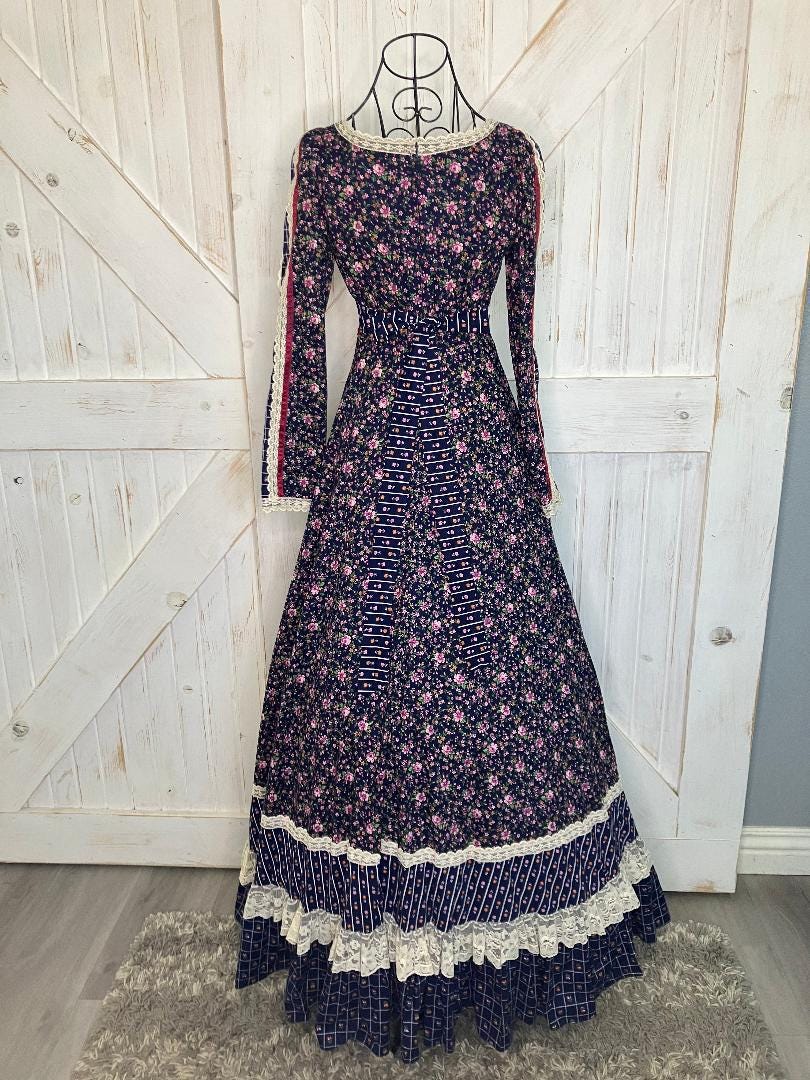 70's Vintage Gunne Sax Blue Red Pink White Calico Prairie Maxi Dress 7 ...