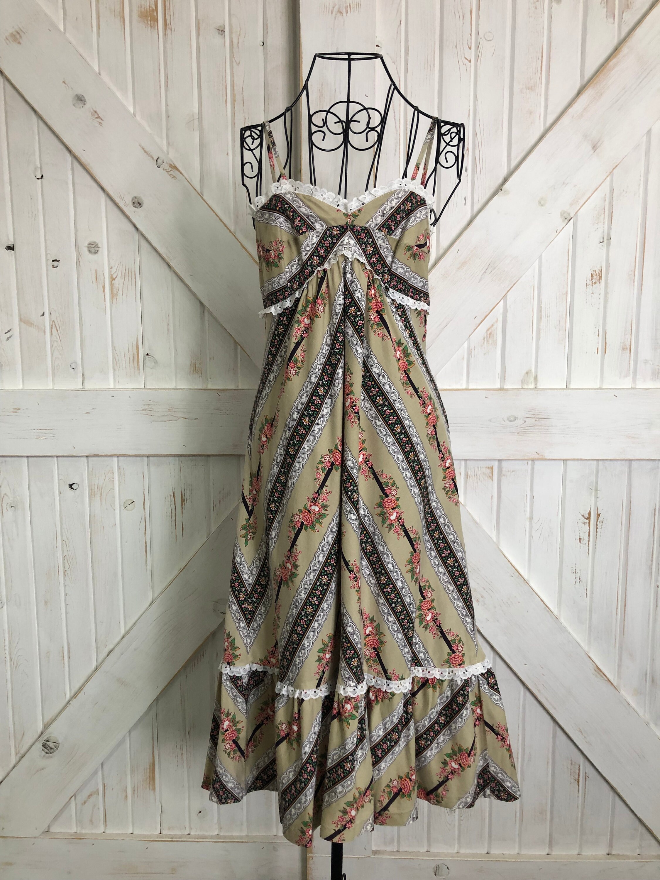 70's Vintage Jody T California Joseph Magnin Brown Beige White Black  Chevron Stripe Sundress Dress 
