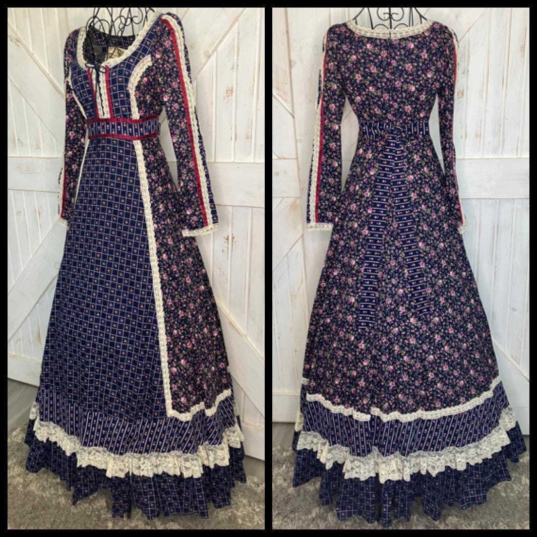 70's Vintage Gunne Sax Blue Red Pink White Calico Prairie Maxi Dress 7 ...