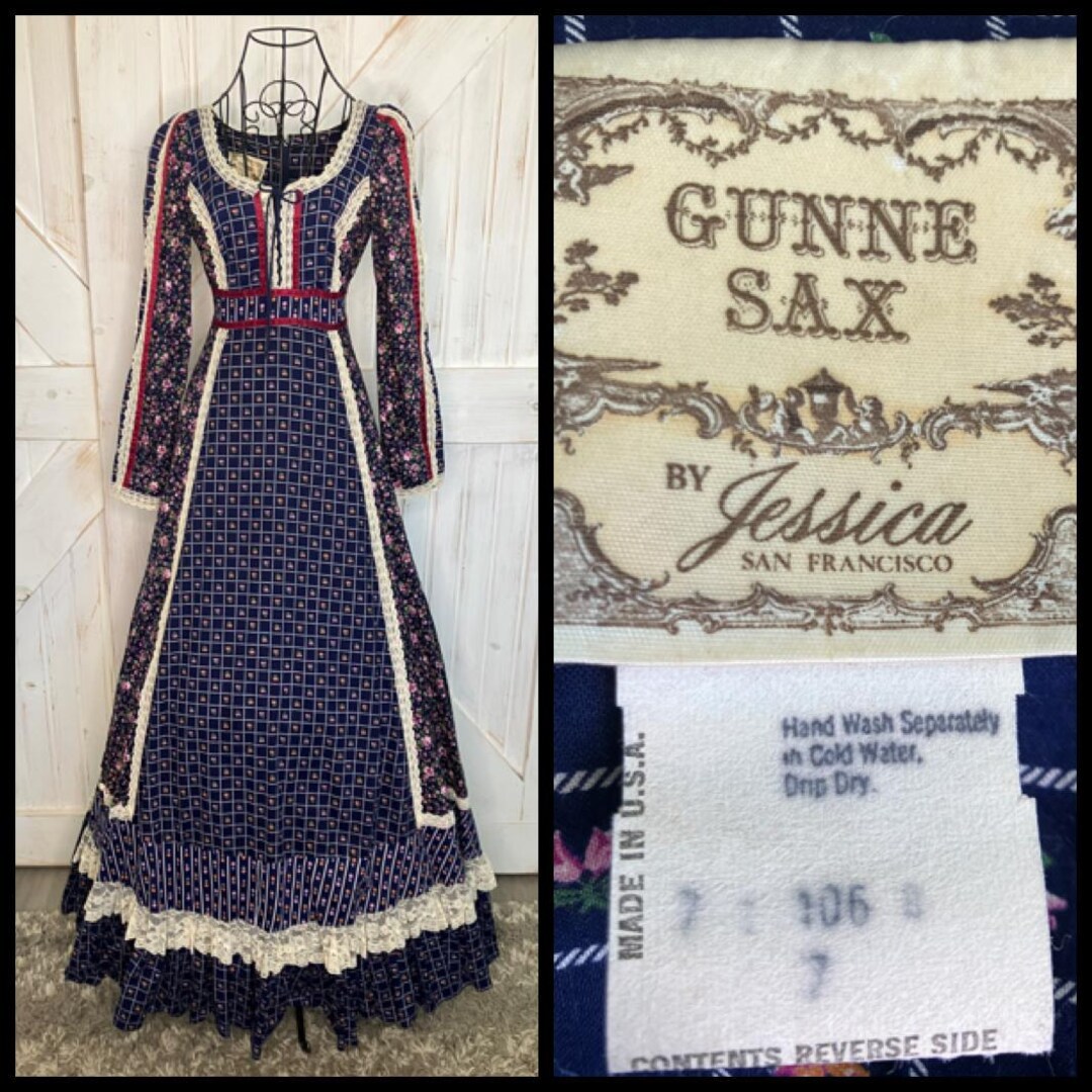 70's Vintage Gunne Sax Blue Red Pink White Calico Prairie Maxi Dress 7 ...