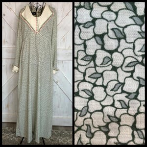 Abito lungo vintage anni '70 Gunne Sax Black Label Green Apples con stampa Prairie Renaissance