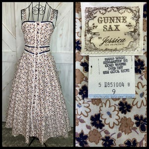 70&#39;s Vintage Gunne Sax White Blue Brown Calico Floral Prairie Midi Sundress Dress 9