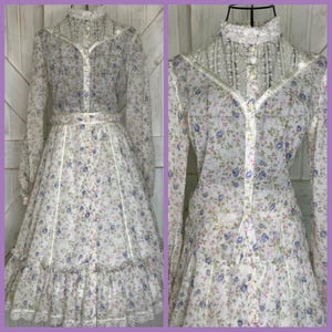 70&#39;s Vintage Gunne Sax Jessica&#39;s Gunnies White Pink Purple Green Calico Blouse Top Prairie Midi Skirt Set 9