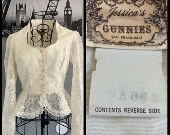 70's Vintage Gunne Sax Jessica's Gunnies Ivory Floral Lace Peplum Blouse Shirt Top