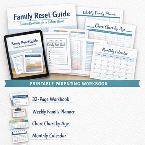 Könnte beinhalten: Eine Sammlung druckbarer Eltern-Arbeitsbücher, darunter ein Family Reset Guide, ein Wochenplaner für die Familie und eine Aufgabenliste nach Alter. Das Bild zeigt auch einen Monatskalender, ein Familienregeln-Blatt und eine Vereinbarung zur Bildschirmzeit.