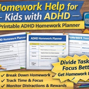 Puede incluir: Un planificador de tareas imprimible para niños con TDAH con el texto "Homework Help for Kids with ADHD". La imagen incluye un temporizador, lápices y una estrella amarilla con el texto "Divide Tasks, Focus Better, Get Homework Done!"