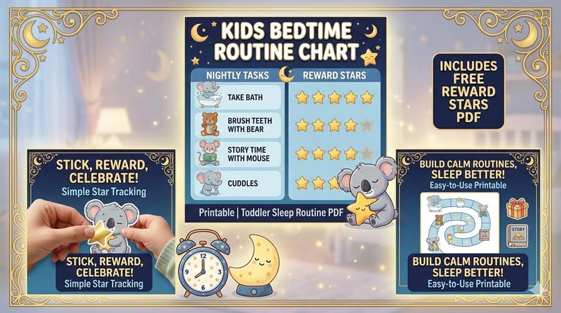 Kids Bedtime Routine Chart Printable | Toddler Sleep Routine Checklist ...