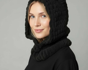 Crochet Cat Ear Hooded Cowl, Plush Balaclava