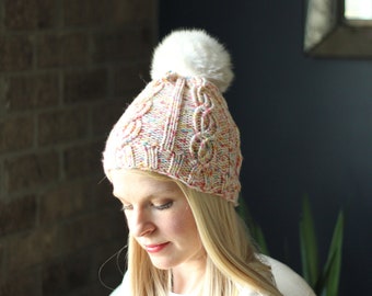 Fur pompom hat pattern, knitting fur hat pattern, faux fur pompom hat, women's pompom hat, cabled pompom hat, Big Twist Sincerely Pattern