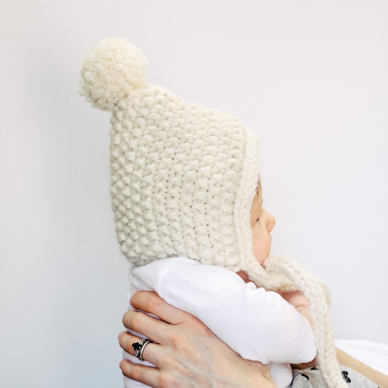 Knit baby bonnet pattern, knit toddler bonnet pattern, knit bonnet with pompom, bulky yarn baby hat pattern, bulky yarn toddler hat pattern image 2