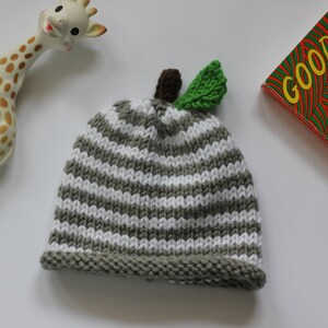 May include: A handmade baby hat with a striped pattern in white and gray, topped with a brown stem and a green leaf. A toy giraffe and a copy of "Goodnight Moon" are also in the image.