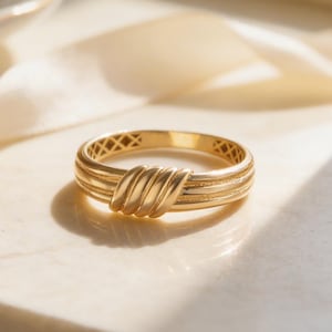 May include: A gold ring featuring a central twisted rope design. The ring's band has a crisscross pattern on either side of the rope detail. The ring sits on a marble surface, with a ribbon and perfume bottle visible in the background.