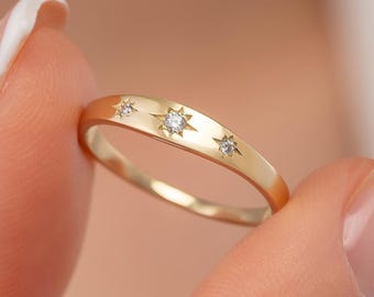 Three Stone Starburst Diamond Signet Ring in 14K Solid Gold, Slim Celestial Stacking Band