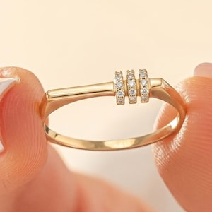14K Solid Gold Flat Top Bar Ring, Dainty Square Signet Band, Pave Diamond Stacking Jewelry