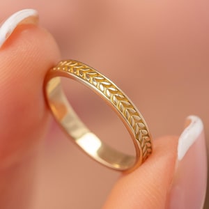 Wheat Leaf Engraved Solid Gold Stacking Band, Dainty Minimalist Wedding Ring