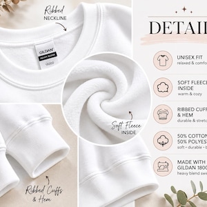 May include: White Gildan 18000 heavy blend sweatshirt with ribbed neckline, cuffs, and hem. Features soft fleece inside for warmth and comfort. Made of 50% cotton and 50% polyester. Unisex fit, durable, and breathable.